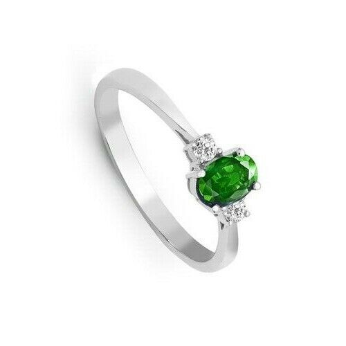 Real Emerald and Diamond Ring 18ct White Gold Three Stone Trilogy