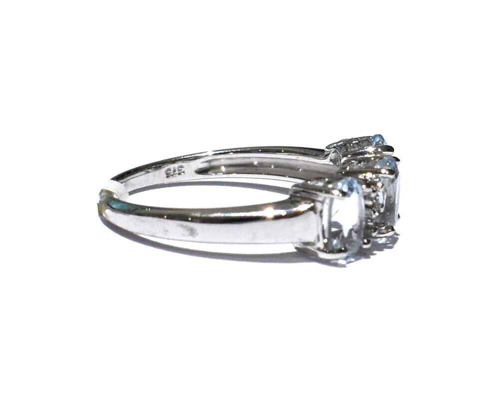 9ct White Gold Aquamarine and Diamond Ring Three Stone Trilogy Size J - Q