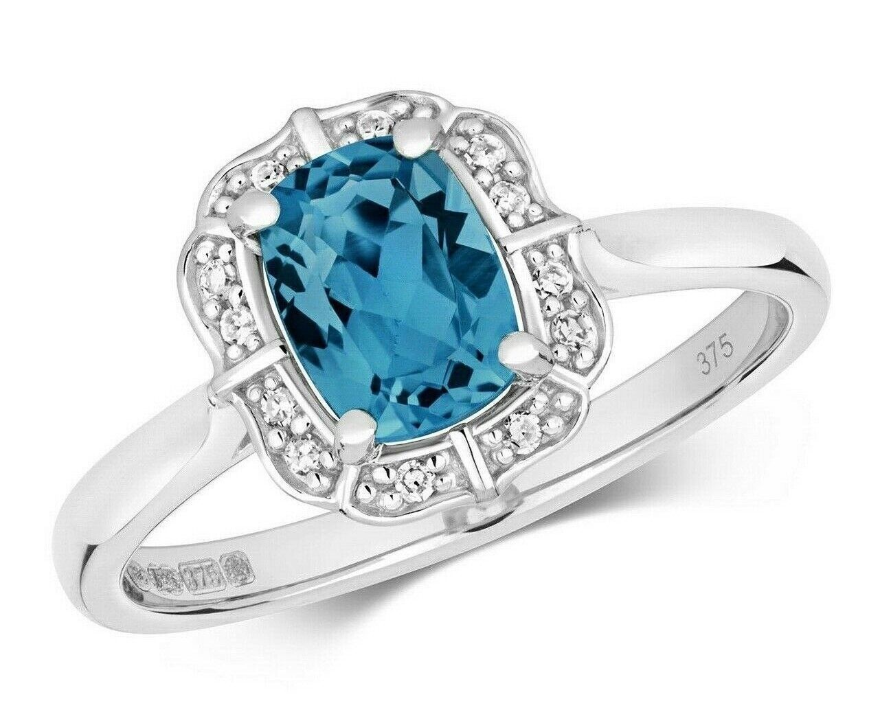 Real London Blue Topaz and Diamond Ring Solid White Gold Cushion Size JKLMNOPQ