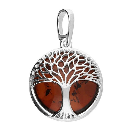 Red Cherry Amber Tree of Life Pendant and Chain Solid Sterling Silver 925