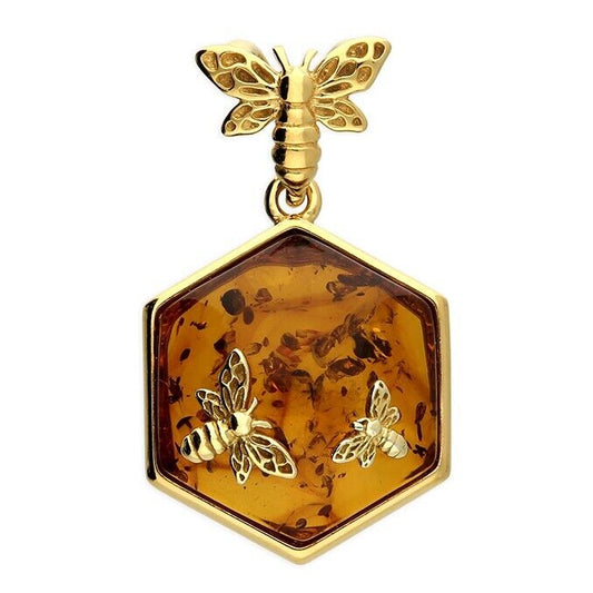 Cognac Baltic Amber Bumble Bee Pendant 18ct Yellow Gold on 925 Sterling Silver