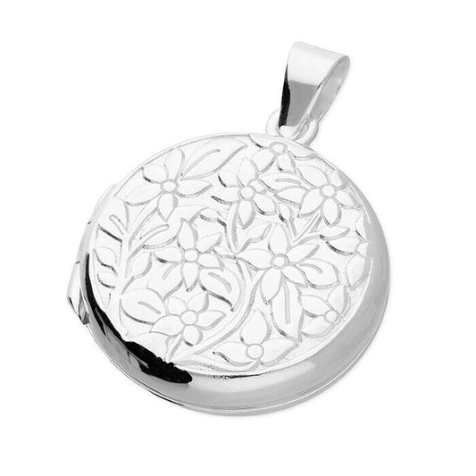 Sterling Silver Locket 15mm Embossed Flower Round