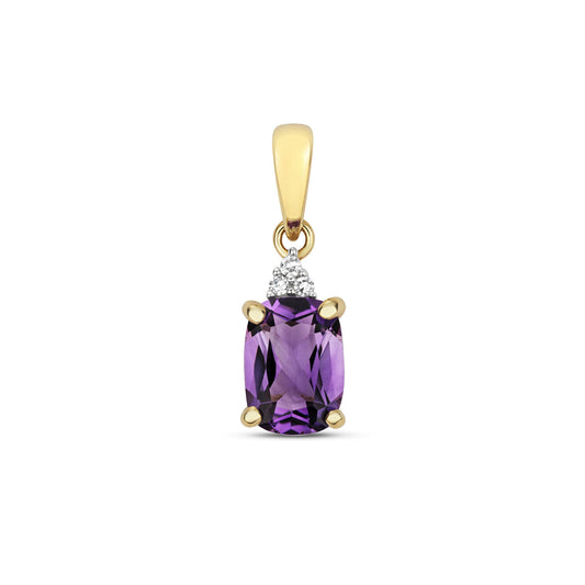 Amethyst and Diamond Cushion Pendant 9ct Yellow Gold Necklace Hallmarked