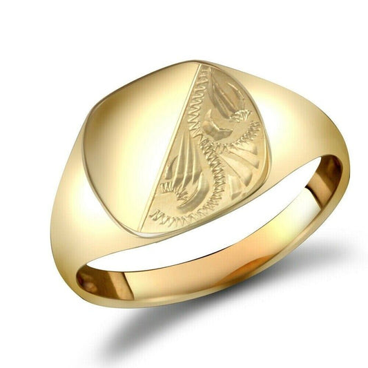9ct Yellow Gold Gents Cushion Signet Ring Half Engraved Fully Hallmarked