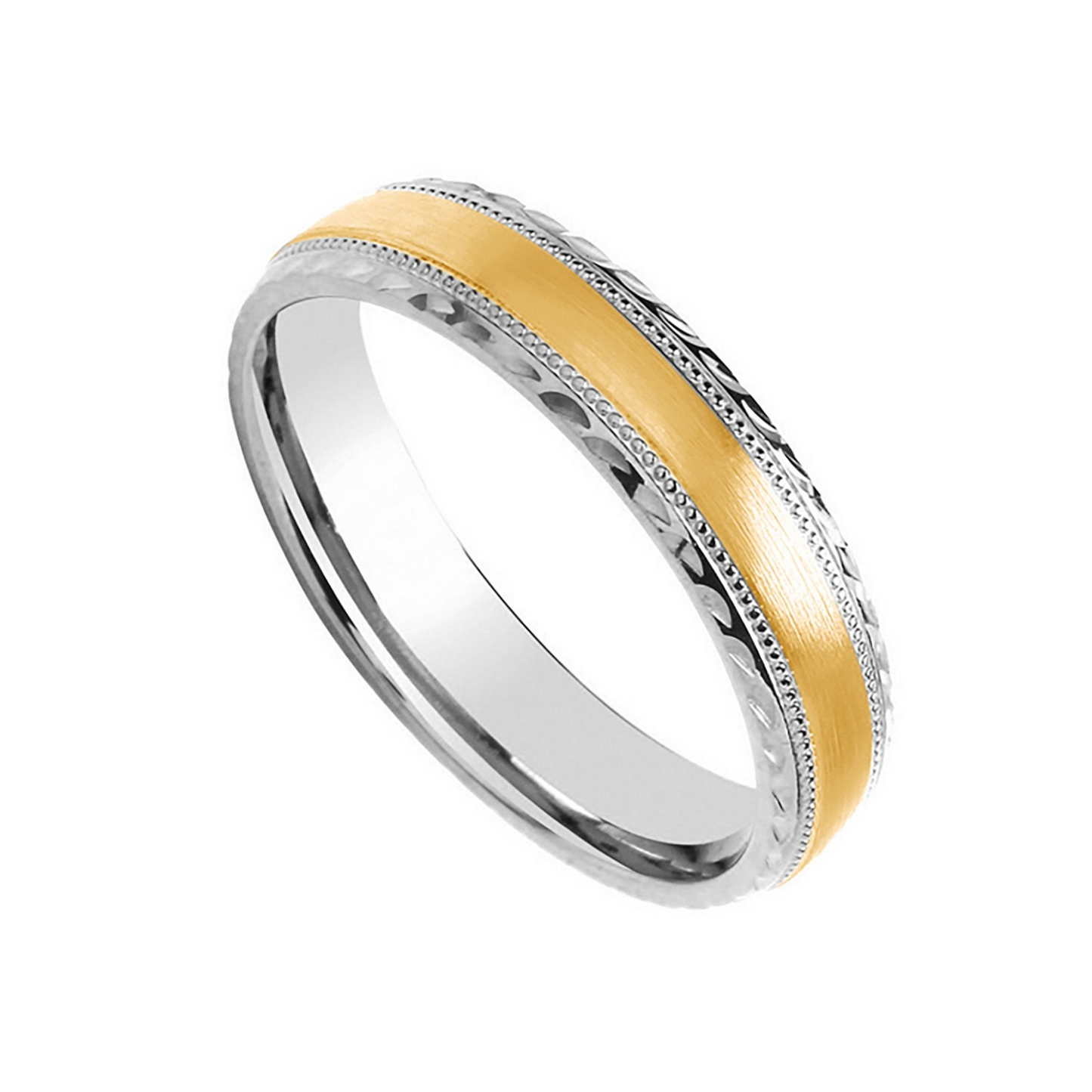 5mm D-Shape Wedding Ring Millgrain D/C Edge 9k White & Yellow Gold Made to Order