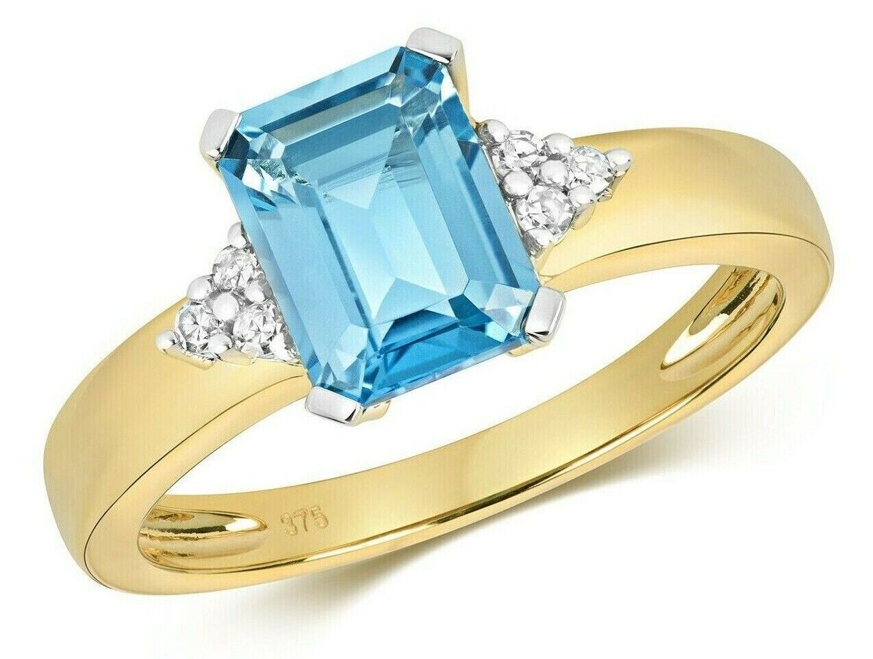 Real Blue Topaz and Diamond Ring Solid Yellow Gold Oblong Cut Solitaire Size J-Q