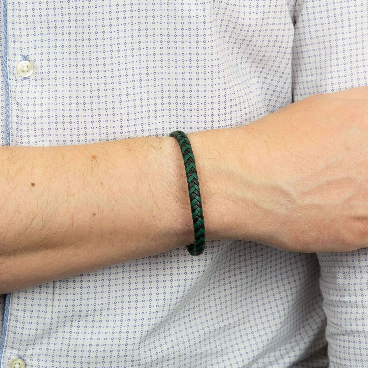 Fred Bennett Black and Forest Green Plaited Leather Bracelet 22.5cm B5375