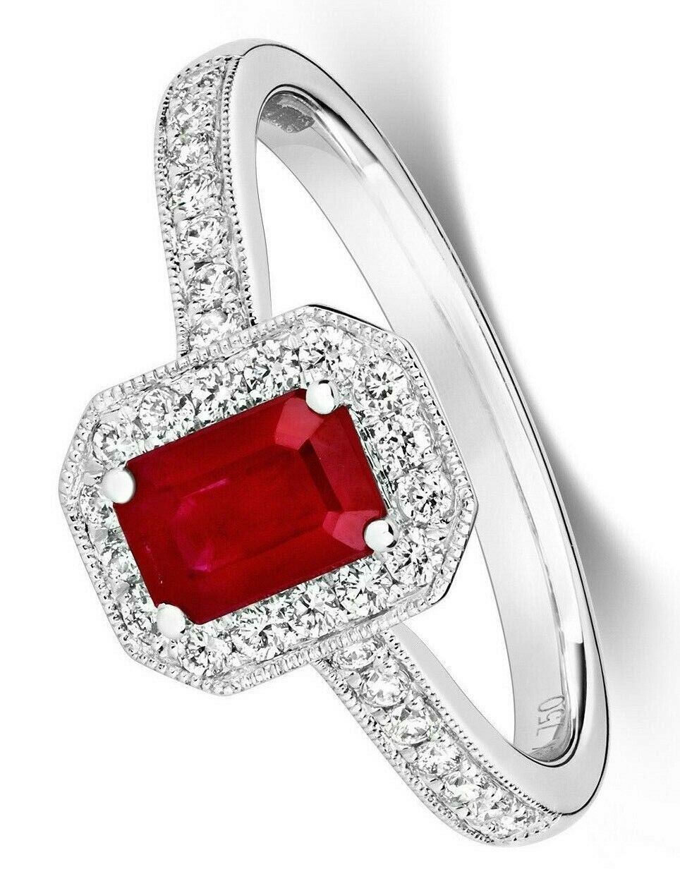 Real Ruby and Diamond Ring 18ct White Octagon Cluster