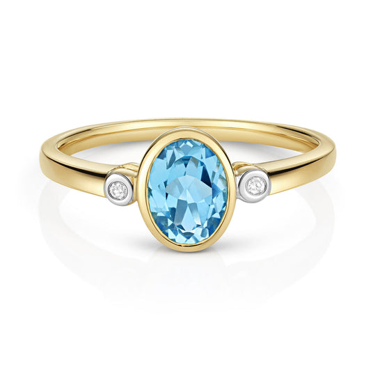 Blue Topaz and Diamond Ring 9ct Yellow Gold Oval Solitaire Real Stones Size J-Q