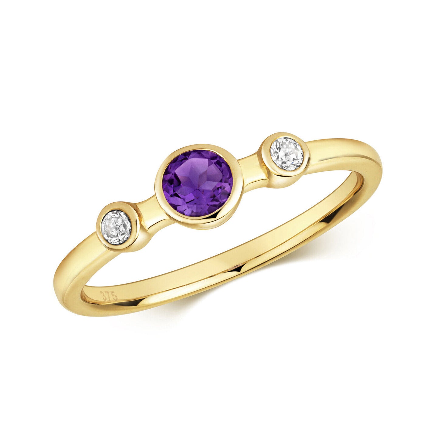 Real Amethyst and Diamond Ring Solid Yellow Gold Three Stone Trilogy Size J - Q