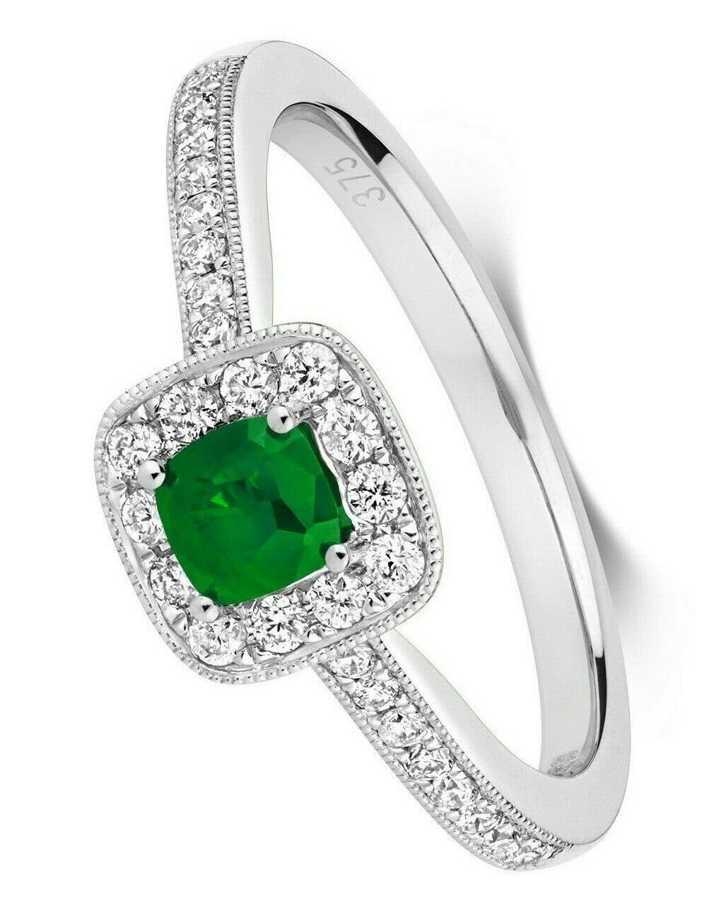 Real Emerald and Diamond Ring 9ct White Gold Cushion Cluster Engagement