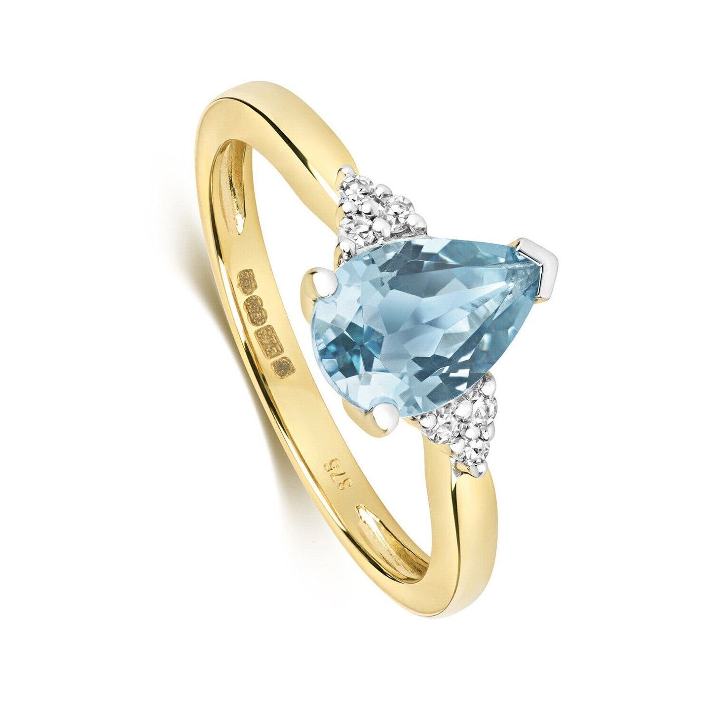 9ct Yellow Gold Blue Topaz and Diamond Ring Pear Solitaire Size J - Q