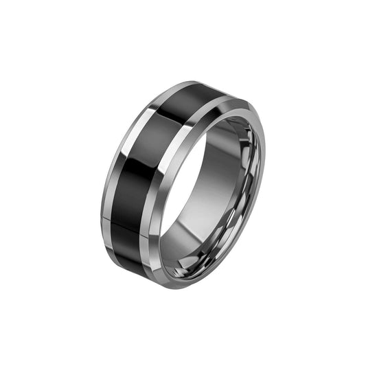 Fred Bennett Tungsten Ring with Black Enamel Stripe 8mm Wide Band R3860