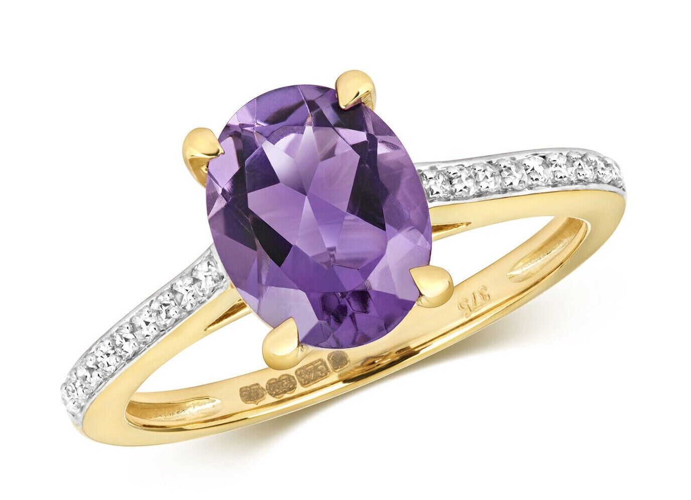 Real Amethyst and Diamond Ring Solid Yellow Gold Oval Solitaire Size J - Q