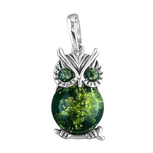 Green Amber Owl Pendant and Chain Solid Sterling Silver 925