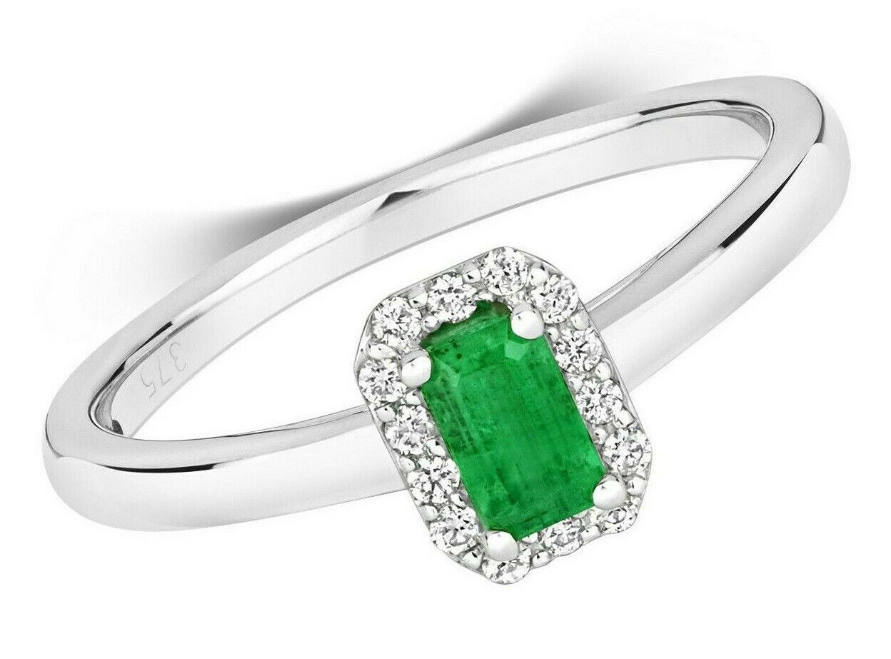 Real Emerald and Diamond Ring Cluster Engagement 9ct White Gold