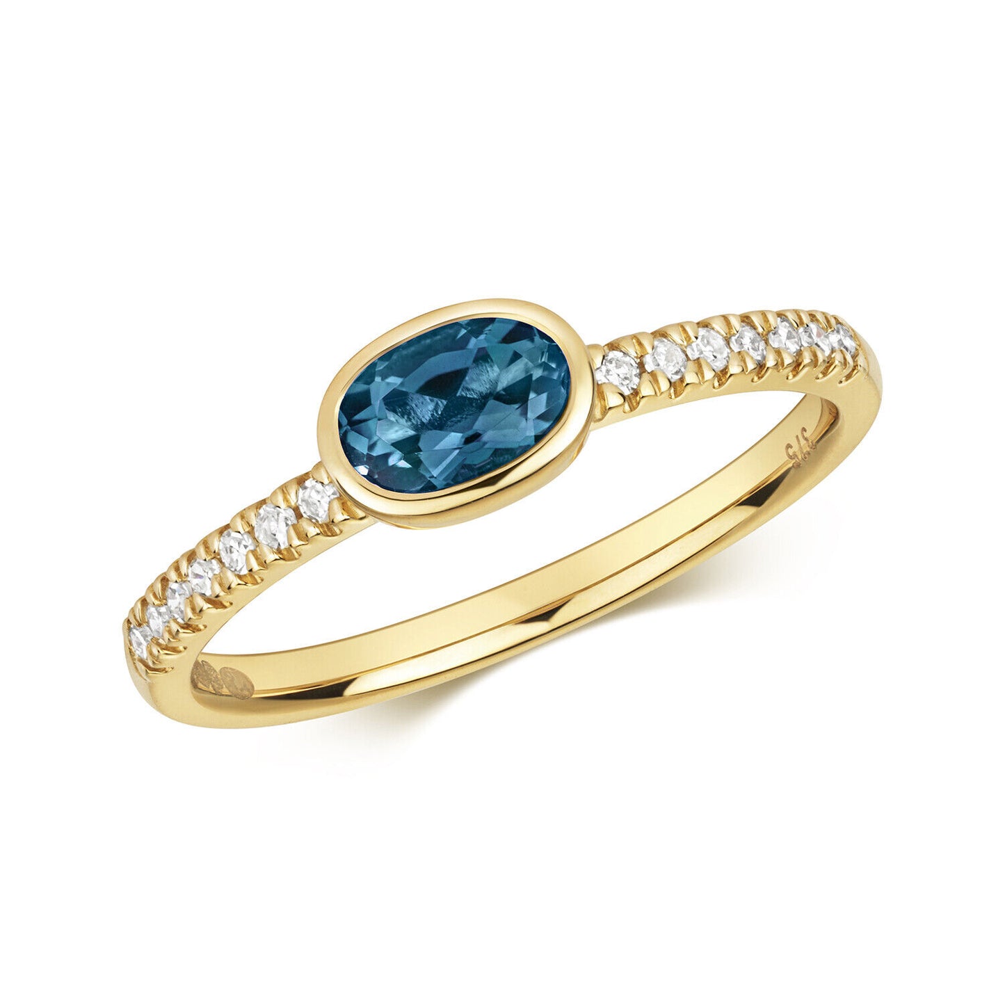 Real London Blue Topaz and Diamond Ring Solid Yellow Gold Oval Stone Size J-Q