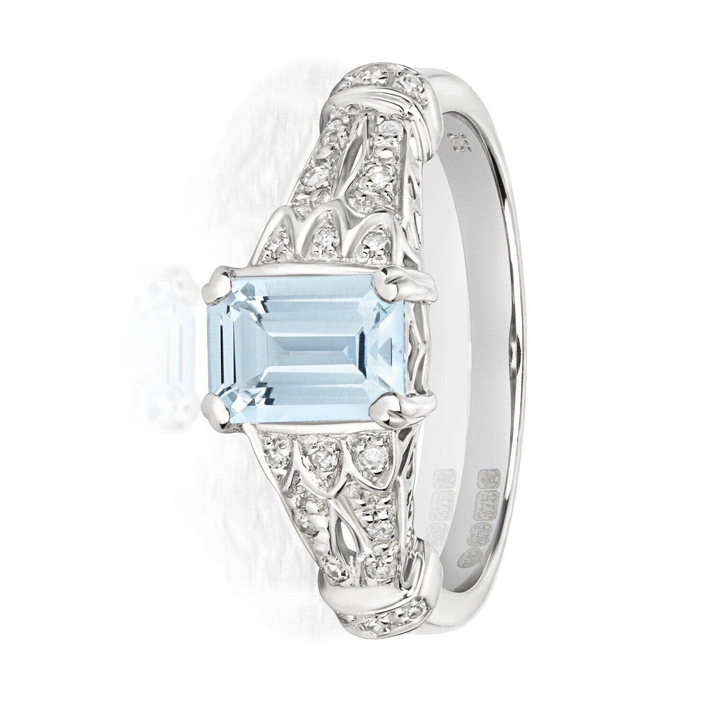 Real Aquamarine and Diamond Ring Solid White Gold Solitaire Size JKLMNOPQ