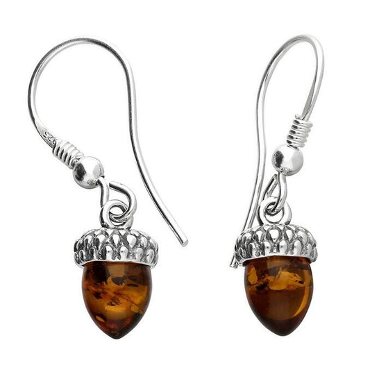Cognac Baltic Amber Acorn Drop Earrings Solid 925 Sterling Silver
