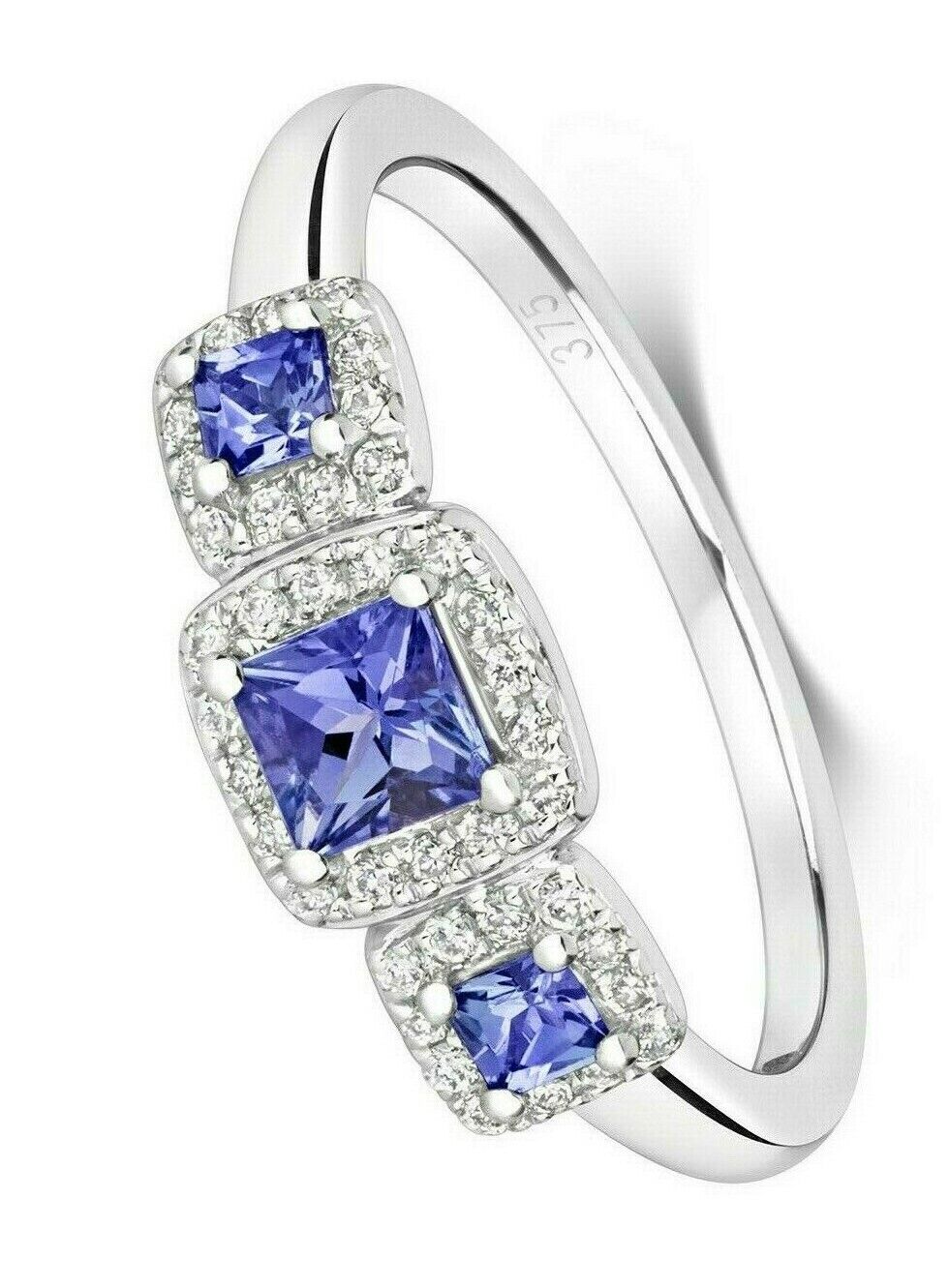 Real Tanzanite and Diamond Ring 9ct White  Gold Three Stone Cluster Size J - Q