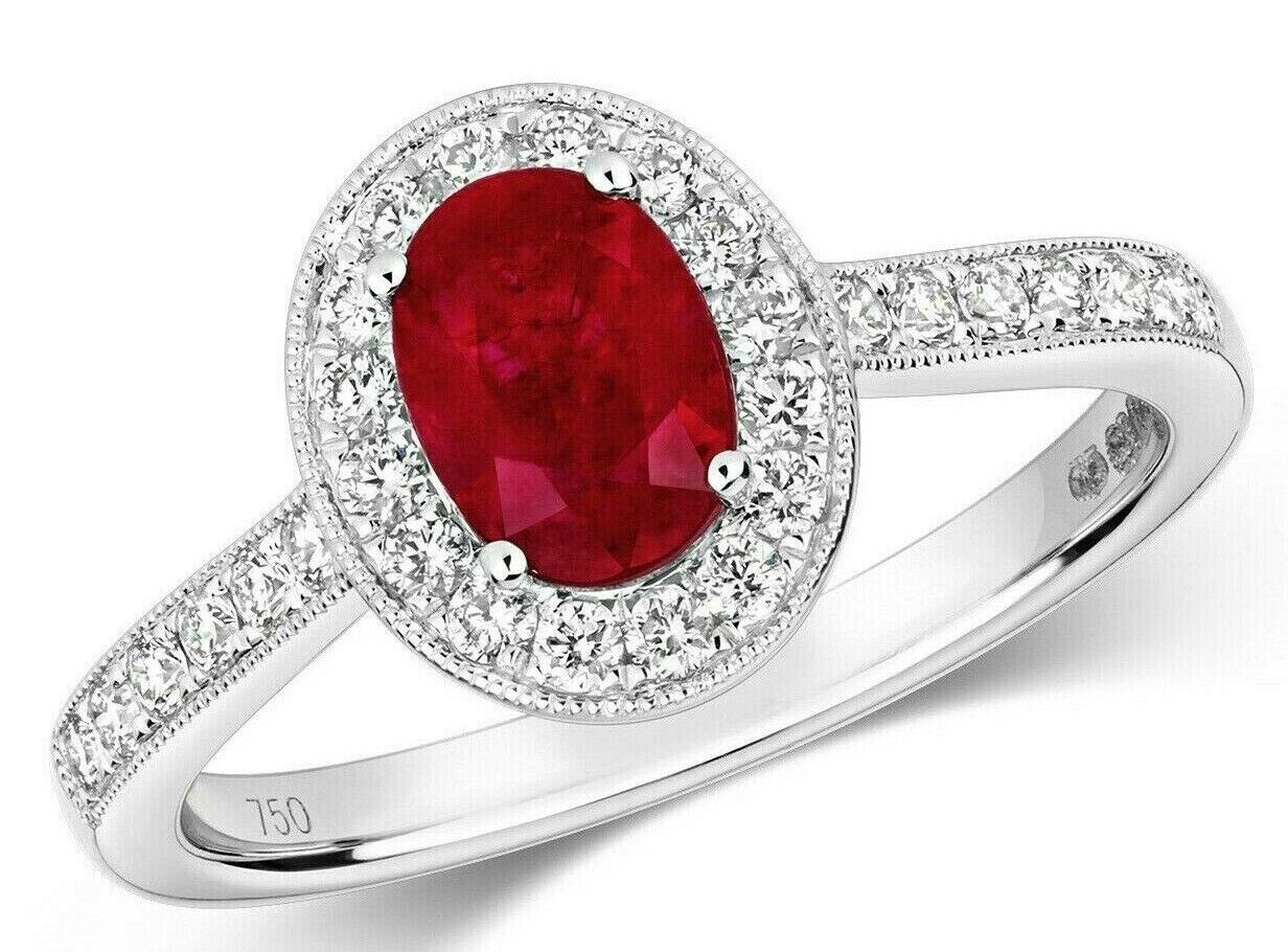 Real Ruby and Diamond Ring 18ct White Gold Oval Halo Cluster 1.33 Carat Weight