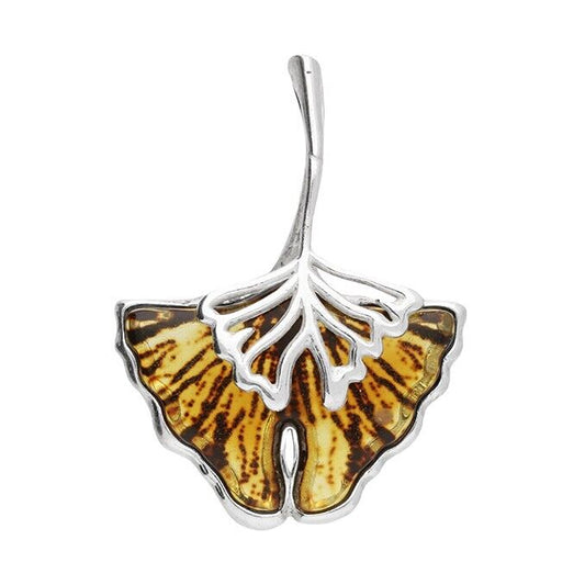 Baltic Amber Ginko Leaf Butterfly Pendant and Chain Solid Sterling Silver 925