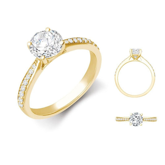Lab Created 1.00ct Diamond Solitaire Ring 18ct Yellow Gold 0.14ct Pave Shoulders