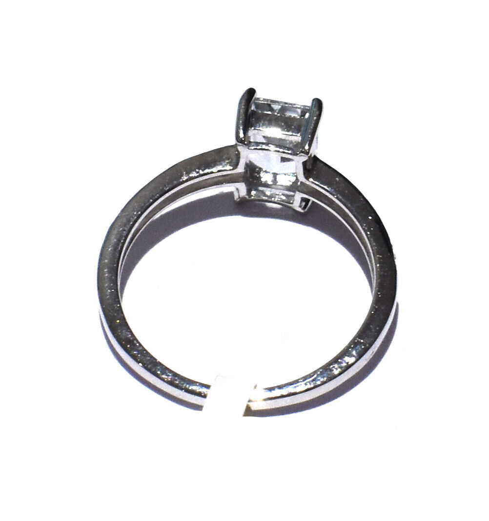 Real Aquamarine and Diamond Ring Solid White Gold Emerald Cut Solitaire Size J-Q