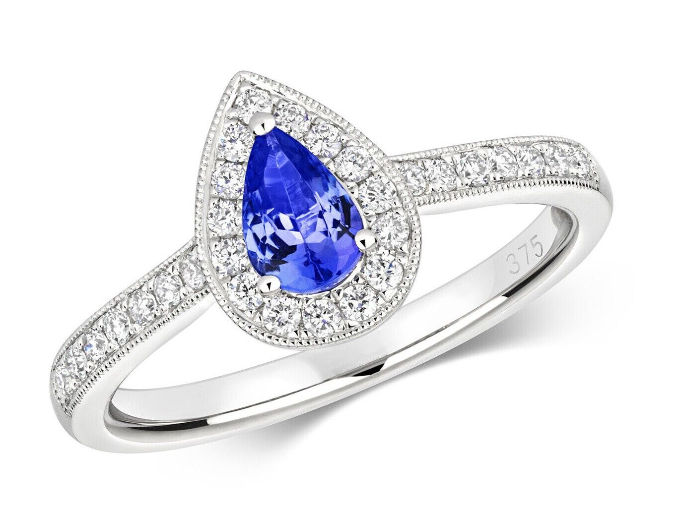 Real Tanzanite and Diamond Ring 9ct White Gold Pear Teardrop Cluster Size J - Q