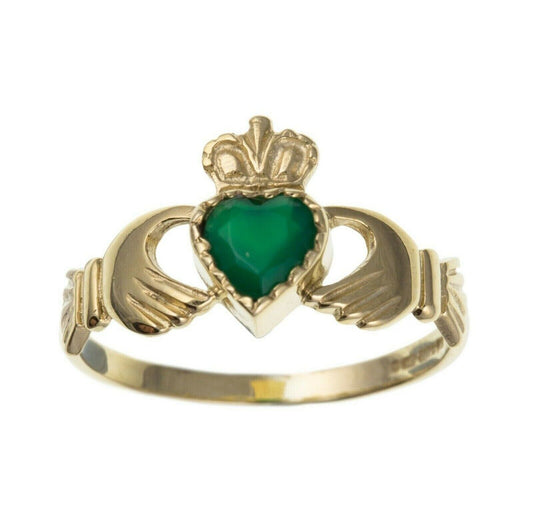 Green Agate Claddagh Ring Solid 9ct Yellow Gold Hallmarked British Made