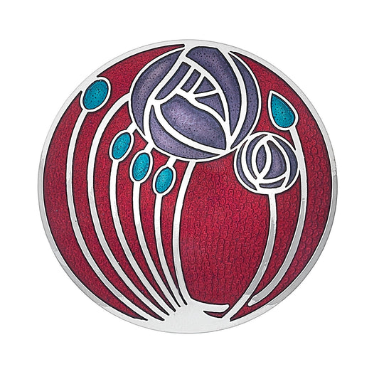 Red Mackintosh Brooch Roses and Buds Silver Plated Brand New Gift Packaging