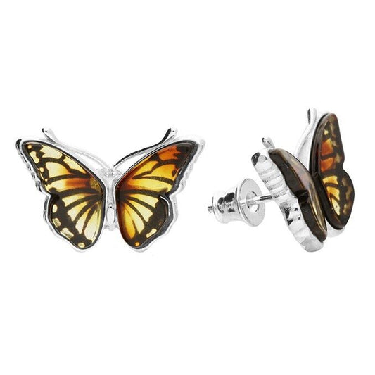 Striking Amber Butterfly Stud Earrings Solid Sterling Silver 925
