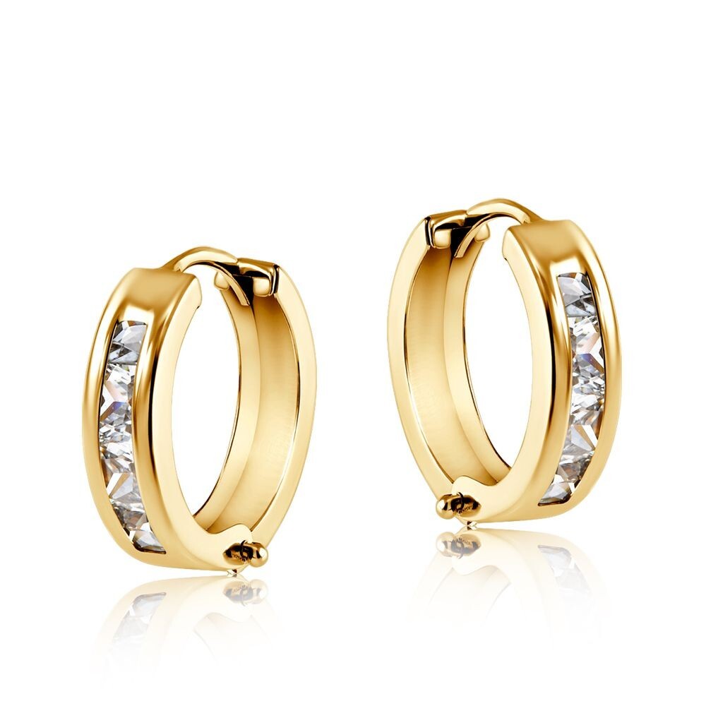 Yellow Gold Huggie Hoop Earrings Princess Cut Zircon 12mm Hinged Hoops Hallmark