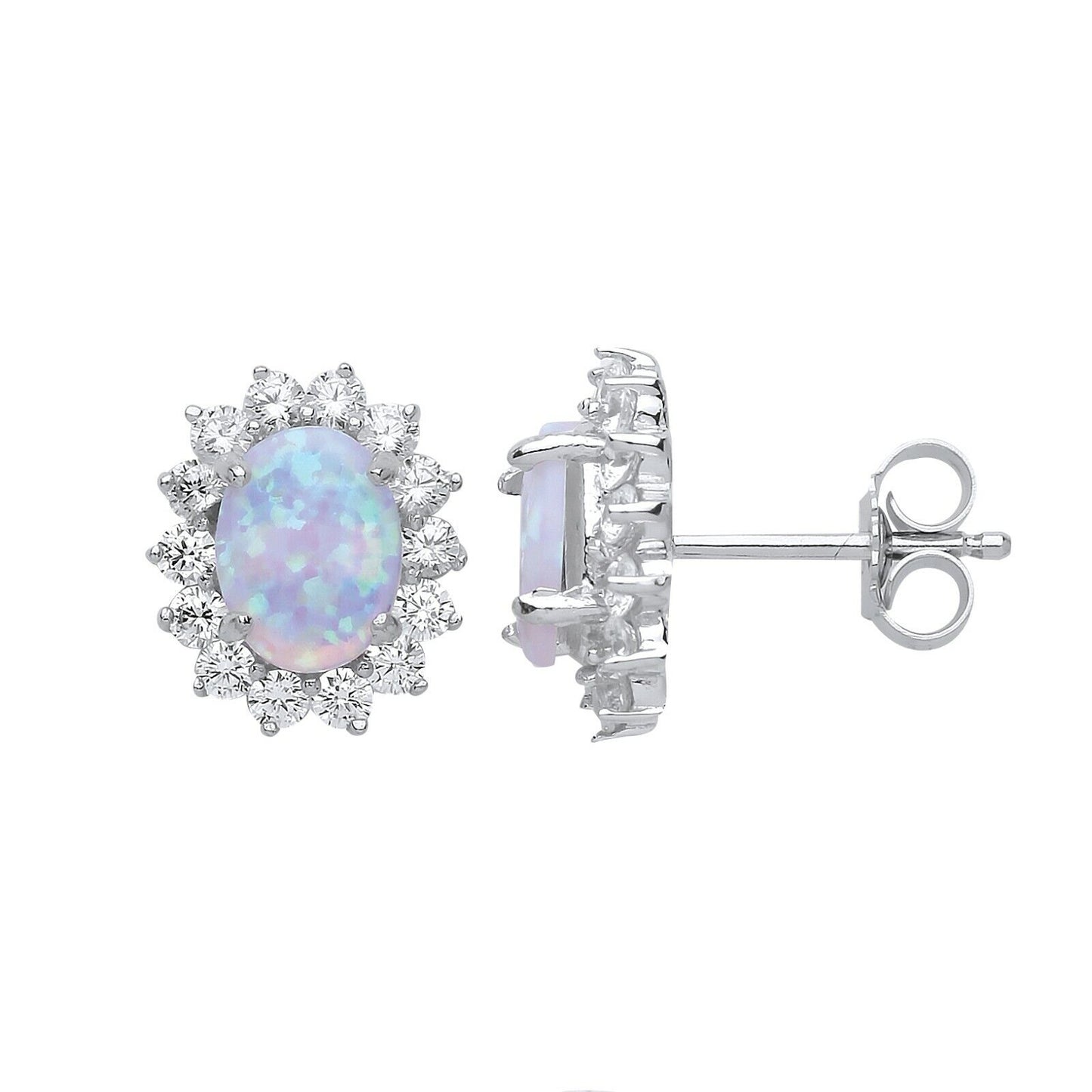 Opal Oval Stud Earrings Solid Sterling Silver Rhodium Plated 925 Hallmark