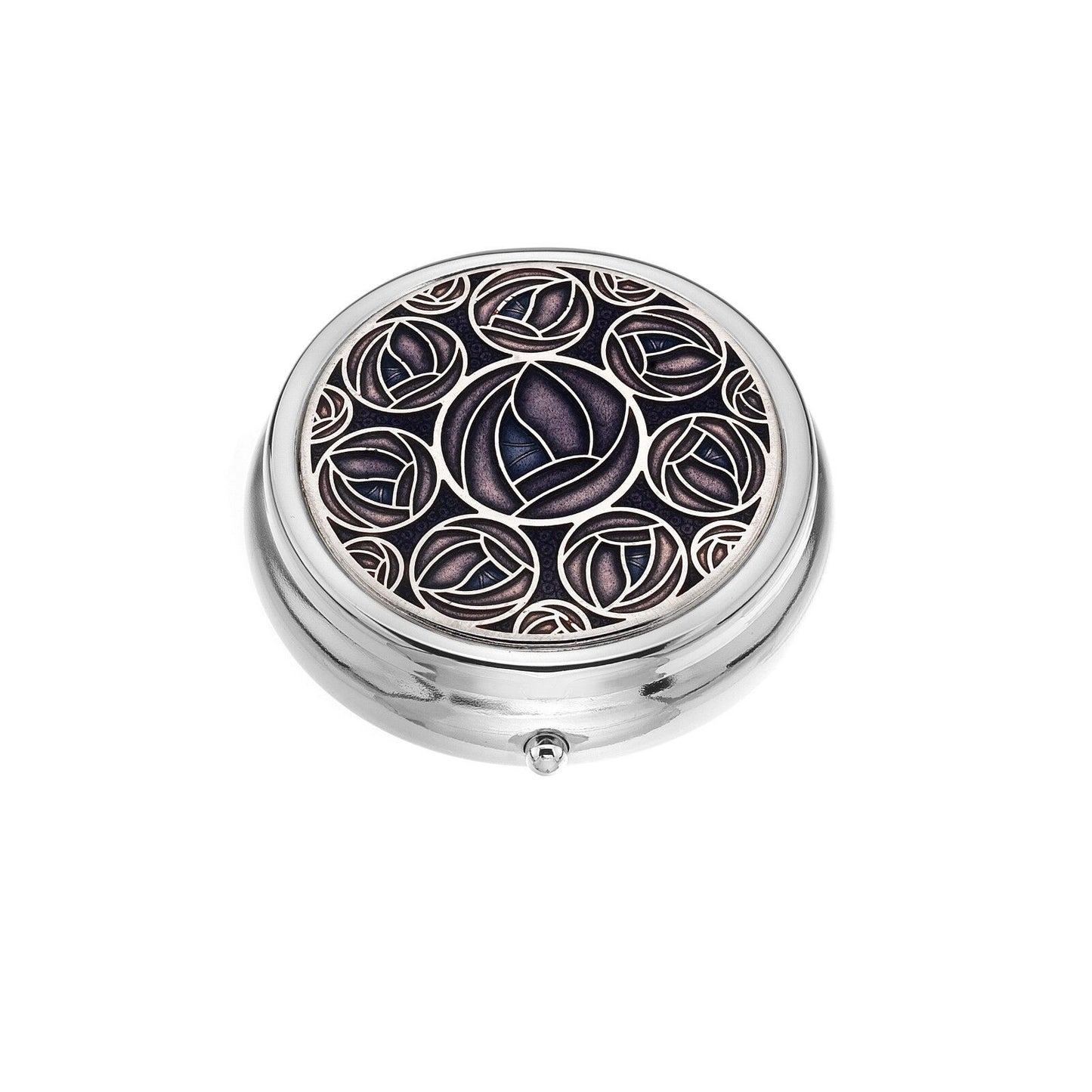 Large Pill Box Silver Plated Mackintosh Rose Roses Purple Brand New & Boxed