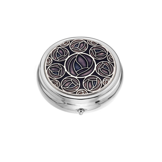 Large Pill Box Silver Plated Mackintosh Rose Roses Purple Brand New & Boxed