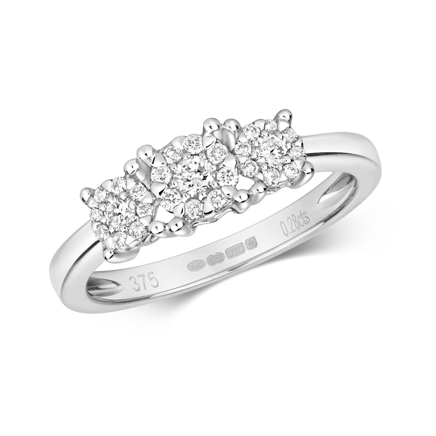 Real Diamond Ring Three Stone Cluster Trilogy 9ct White Gold Engagement Size J-Q