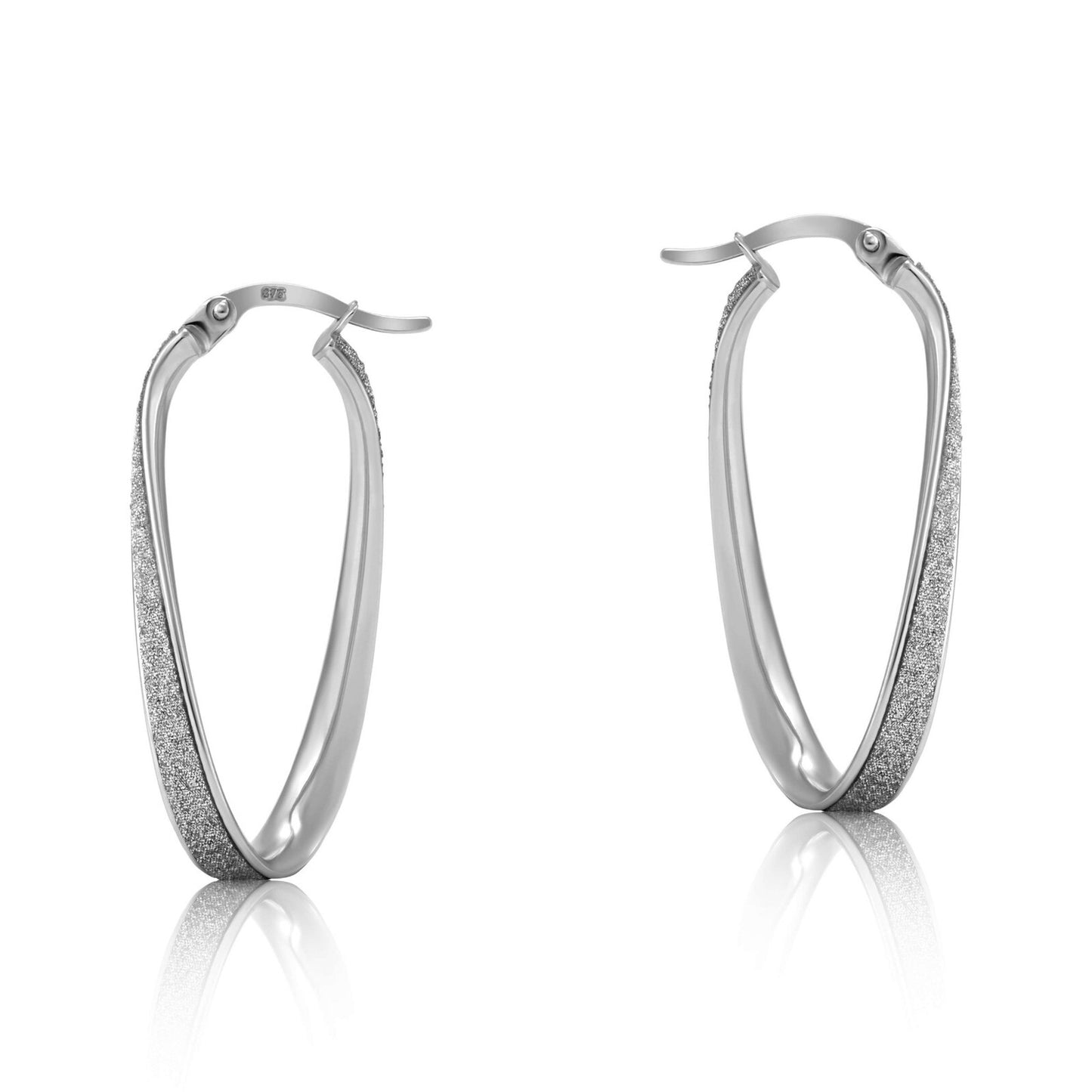 White Gold Oval Hoop Earrings Glitter Moondust Twist Hoops Hallmarked 30mm