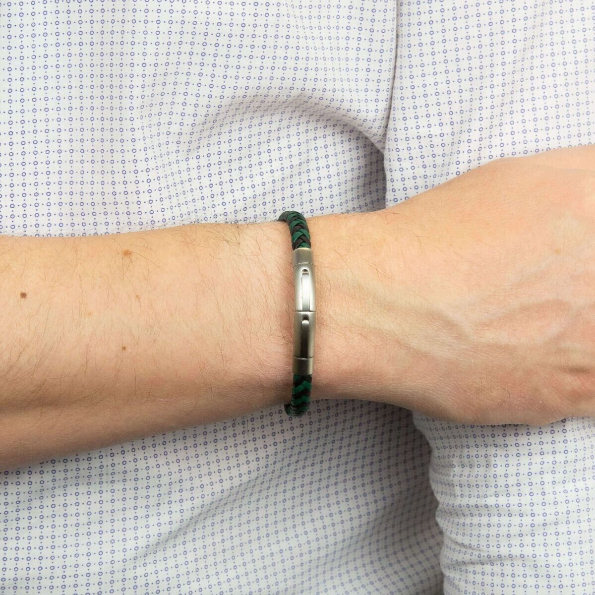 Fred Bennett Black and Forest Green Plaited Leather Bracelet 22.5cm B5375