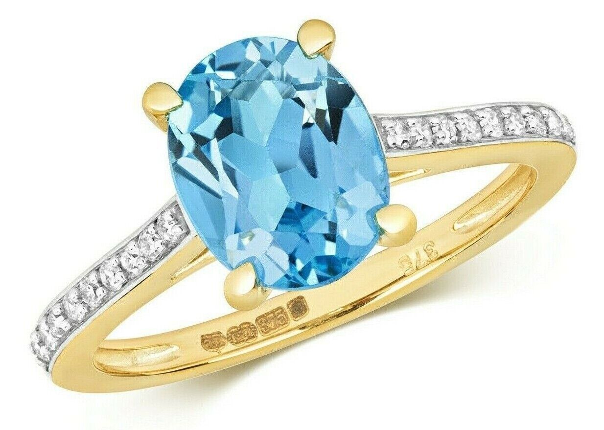 Real Blue Topaz and Diamond Ring Solid Yellow Gold Oval Size JKLMNOPQ