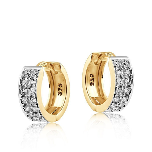 Yellow Gold Huggie Hoop Earrings Pave Set Zircon 12mm Hinged Hoops Hallmarked