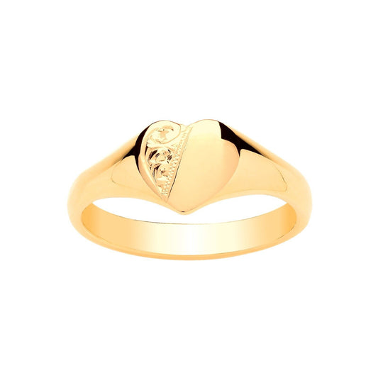 Ladies Engraved Heart Signet Ring Solid 9ct Yellow Gold Fully Hallmarked