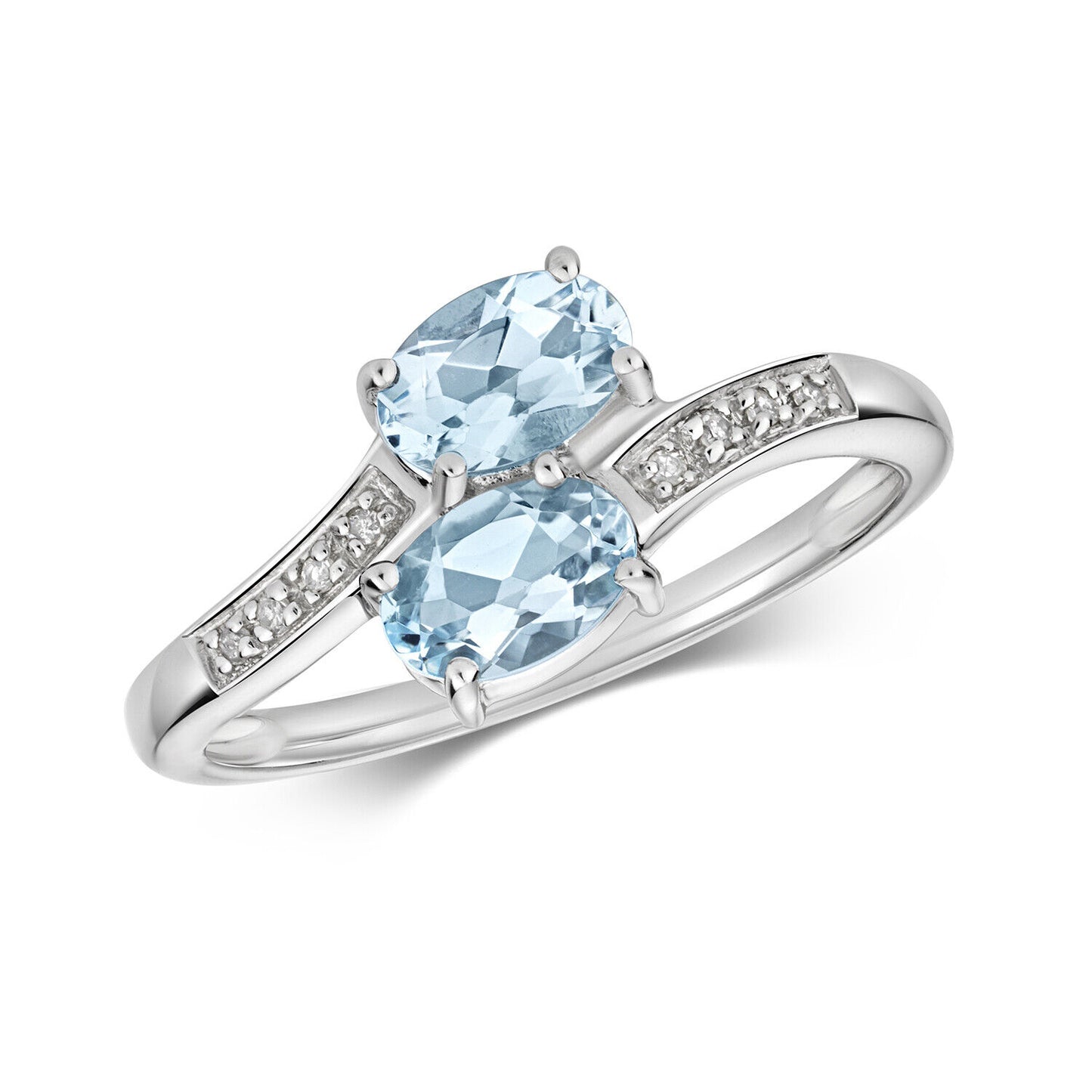 Real Aquamarine and Diamond Crossover Ring 9ct White Gold Size J - Q