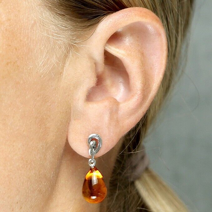Cognac Amber Earrings Oxidised Twisted Knot Drop Solid Sterling Silver 925