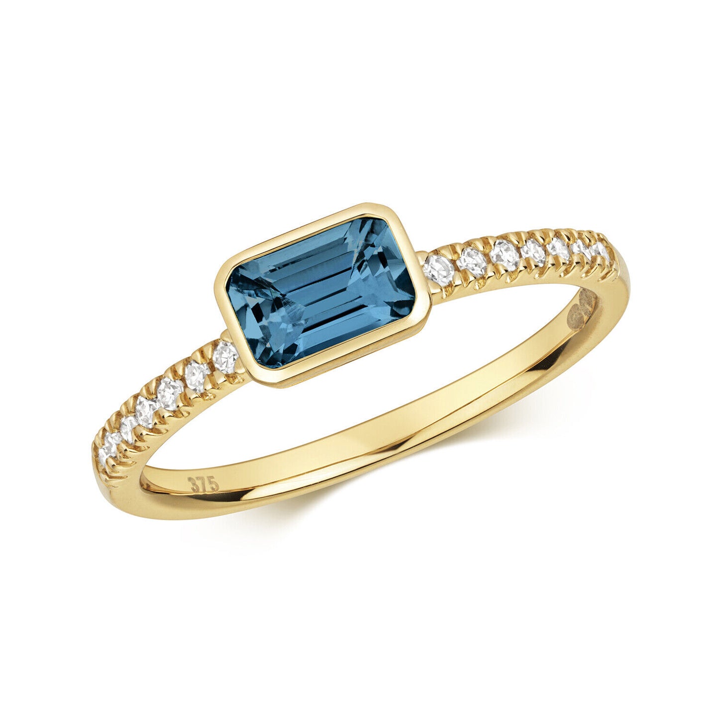 9ct Yellow Gold London Blue Topaz and Diamond Ring Emerald Cut Smooth Solitaire