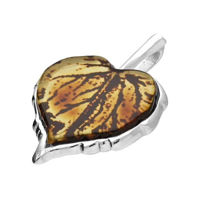 Elegant Amber Leaf Pendant With Chain Solid Sterling Silver 925