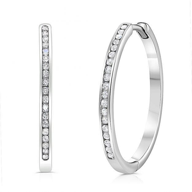9ct White Gold Channel Set 0.27ctw Diamond Hoops 24mm