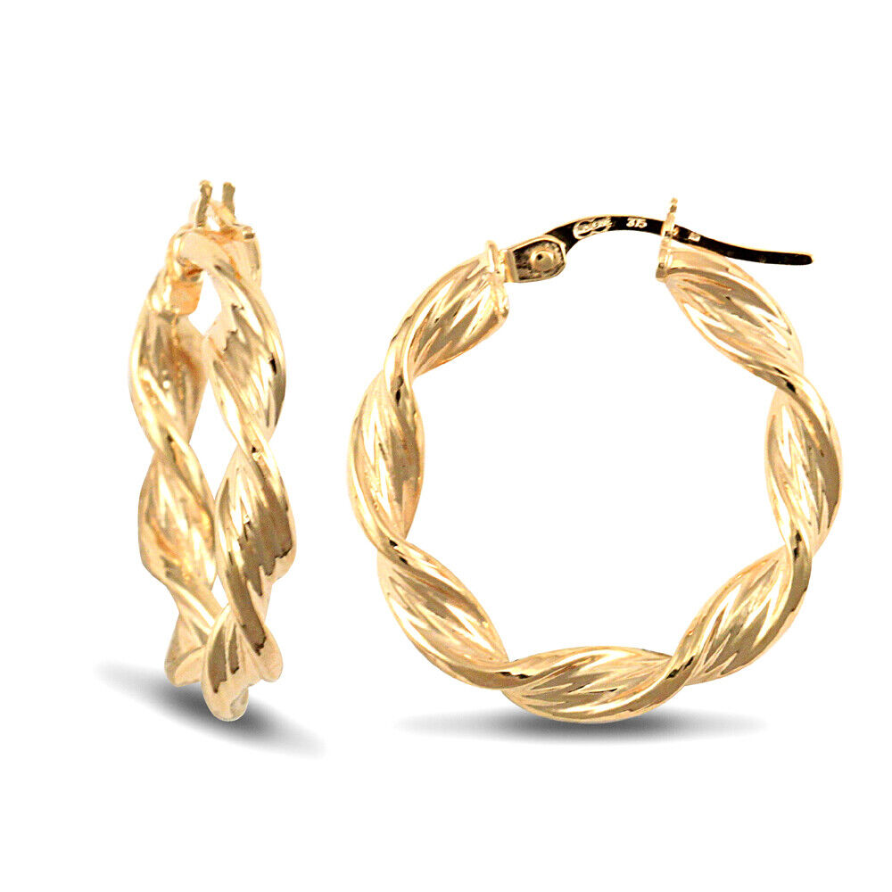 9ct Yellow Gold Barked Twist Style Earrings British Made Hallmarked 21mm
