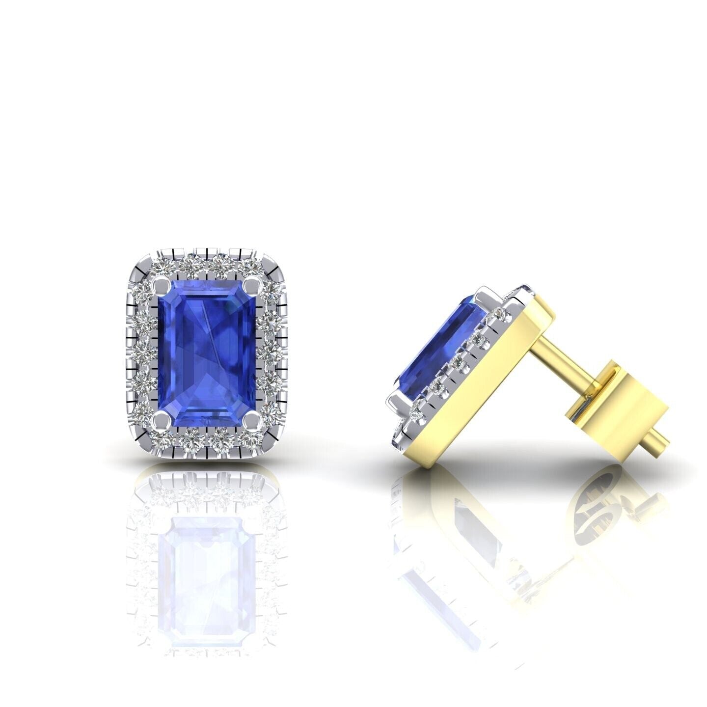 9ct Yellow Gold Sapphire Cluster Stud Earrings Emerald Cut Studs Hallmarked