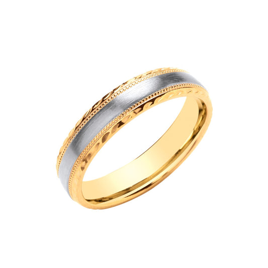 5mm D-Shape Wedding Ring Millgrain D/C Edge 9k Yellow & White Gold Made to Order